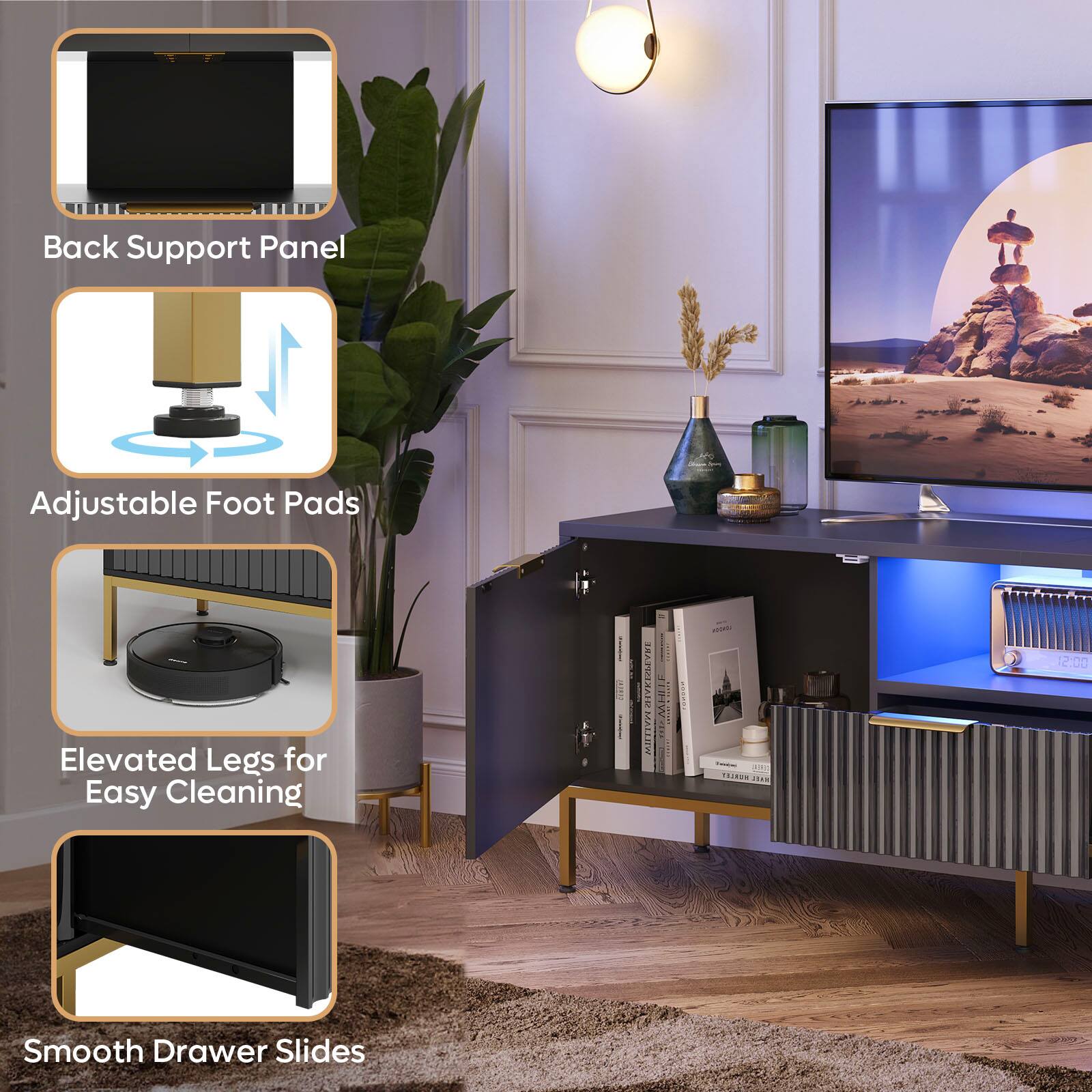 The text on the image is grouped and corrected as follows:

1. Back Support Panel
2. Adjustable Foot Pads
3. Elevated Legs for Easy Cleaning
4. Smooth Drawer Slides