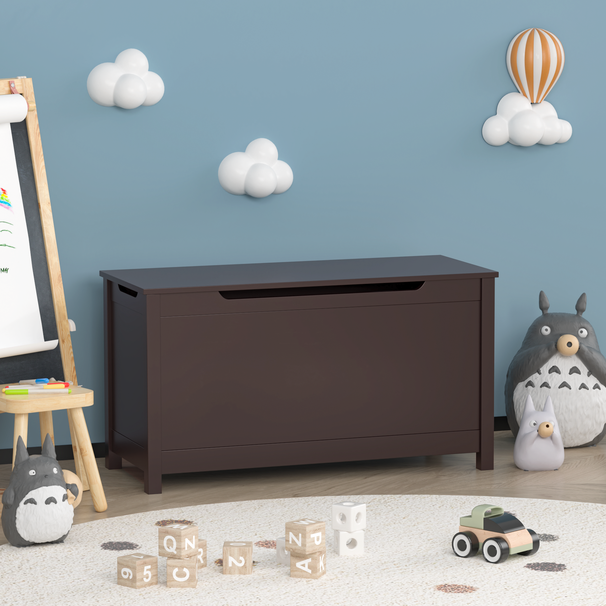 Back. GOODSILO - Kids' Toy Box: Large Wooden Storage Chest with Safety Lid for Playroom Organization - Coffee.