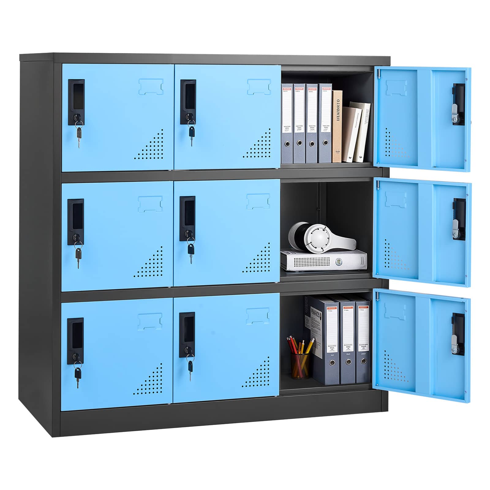 VEVOR - 9 Doors Metal Locker, Lockable Steel Storage Cabinet, 66 lbs Loading Capacity, 2 Keys for Each Door, 3 Tiers Employee - Blue