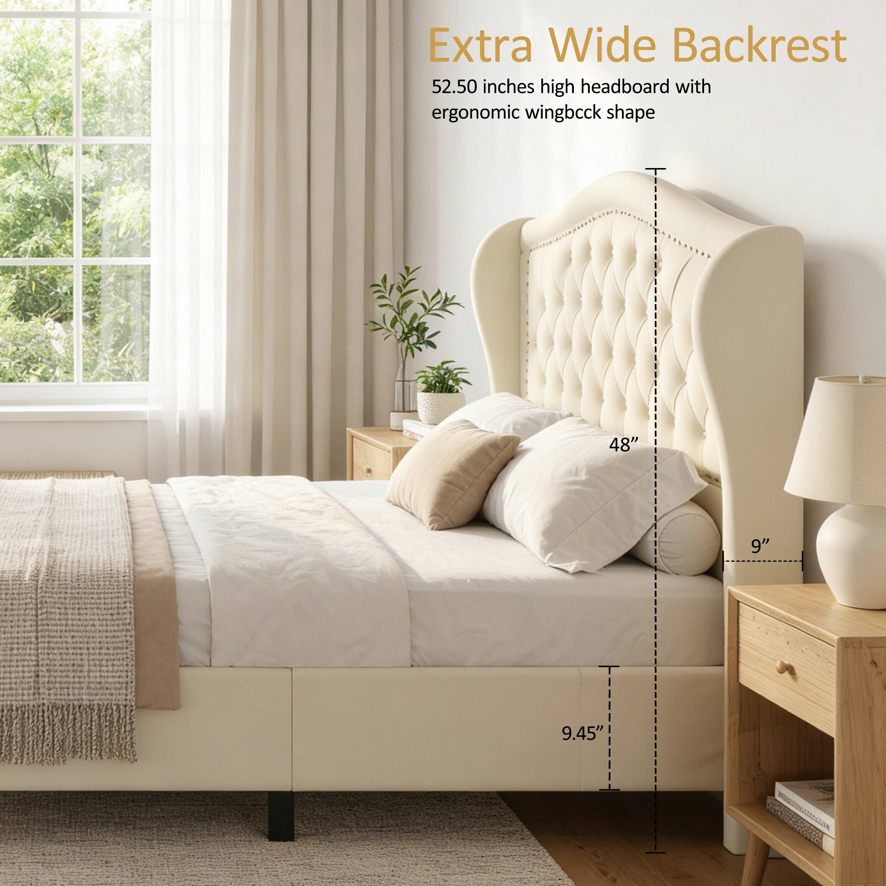 Extra Wide Backrest  
52.50 inches high headboard with ergonomic wingback shape  
48"  
9"  
9.45"
