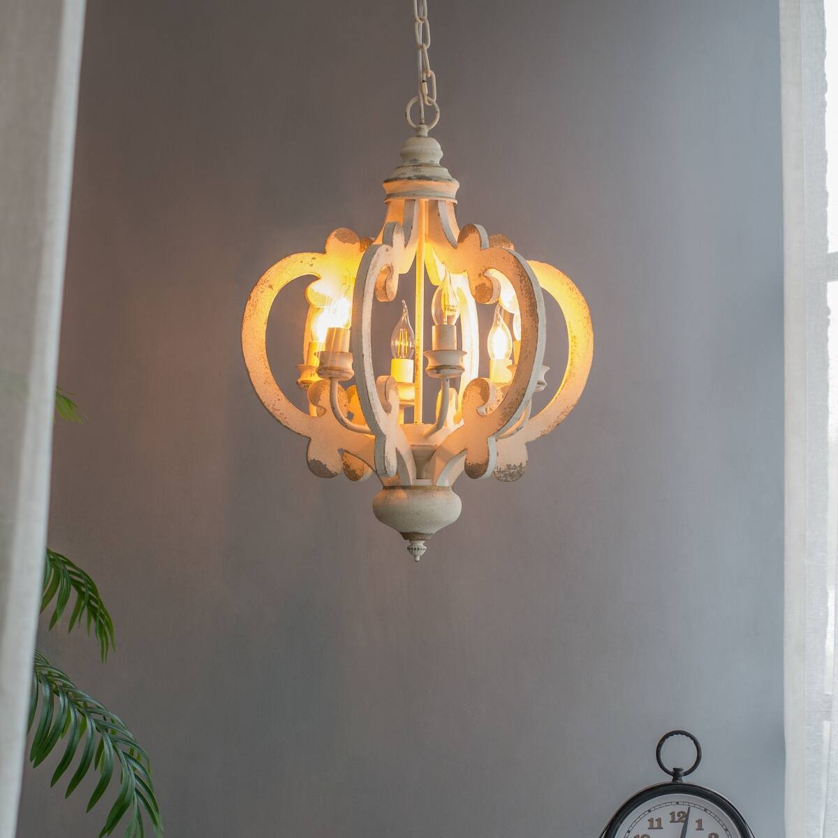 Angle. Loheer - Loheer French Country Chandelier, Six Light Whitewashed Wood Fixture with Adjustable Chain.
