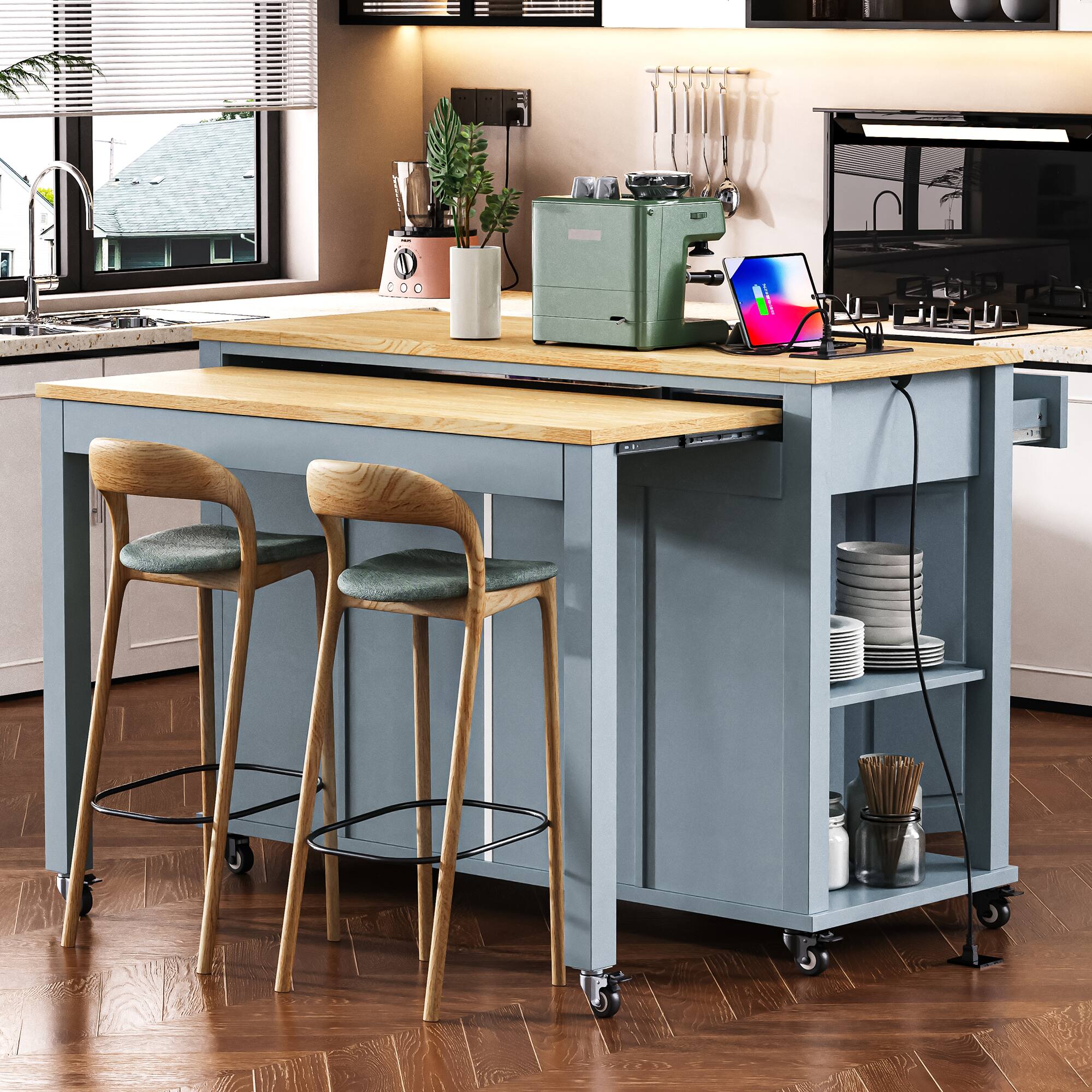 PexFix - 47" Kitchen Island with Extendable Table & Power Outlet - Rolling Cart with 2 Drawers, 2 Cabinets & Rubber Wood Top - Gray