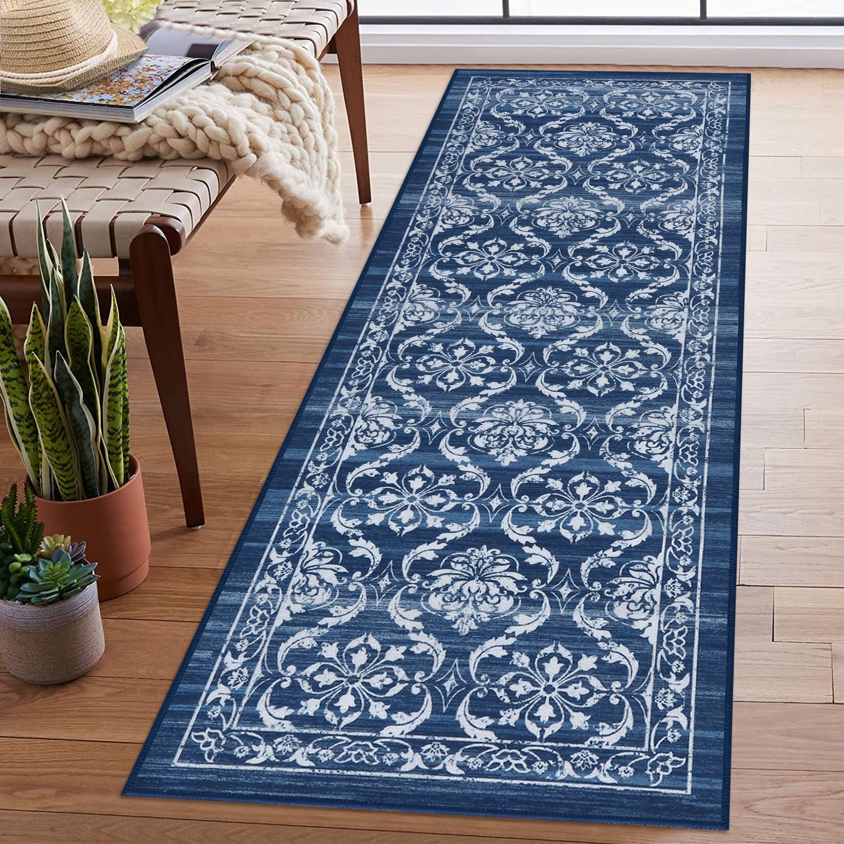 Angle. GAOMON - Modern Floral Area Rug Non Slip Vacuum Clean Stain Resistant Low Pile Machine Washable Carpet for Bedroom Kid's Room - Blue.