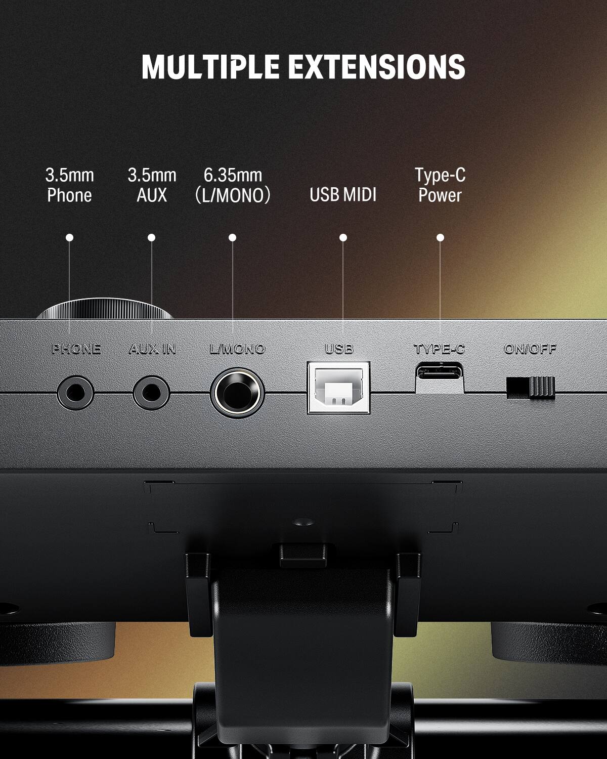 MULTIPLE EXTENSIONS

3.5mm Phone  
3.5mm AUX (L/MONO)  
6.35mm AUX (L/MONO)  
USB MIDI  
Type-C Power  

PHONE  
AUX IN  
L/MONO  
USB  
TYPE-C  
ON/OFF