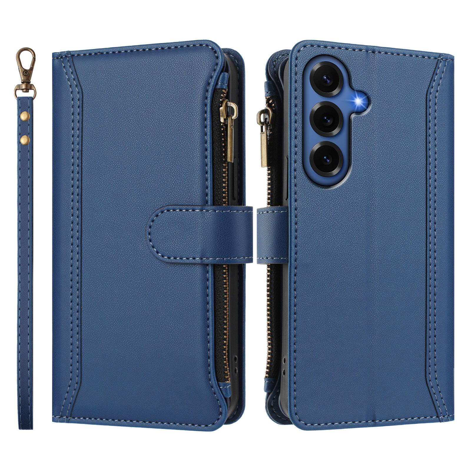 Angle. UUCOVER - Wallet Case for Samsung Galaxy S26+ with Zipper Pocket, Cash Card Slots, Wrist and Shoulder Strap, Flip Kickstand Cover - Darkblue.