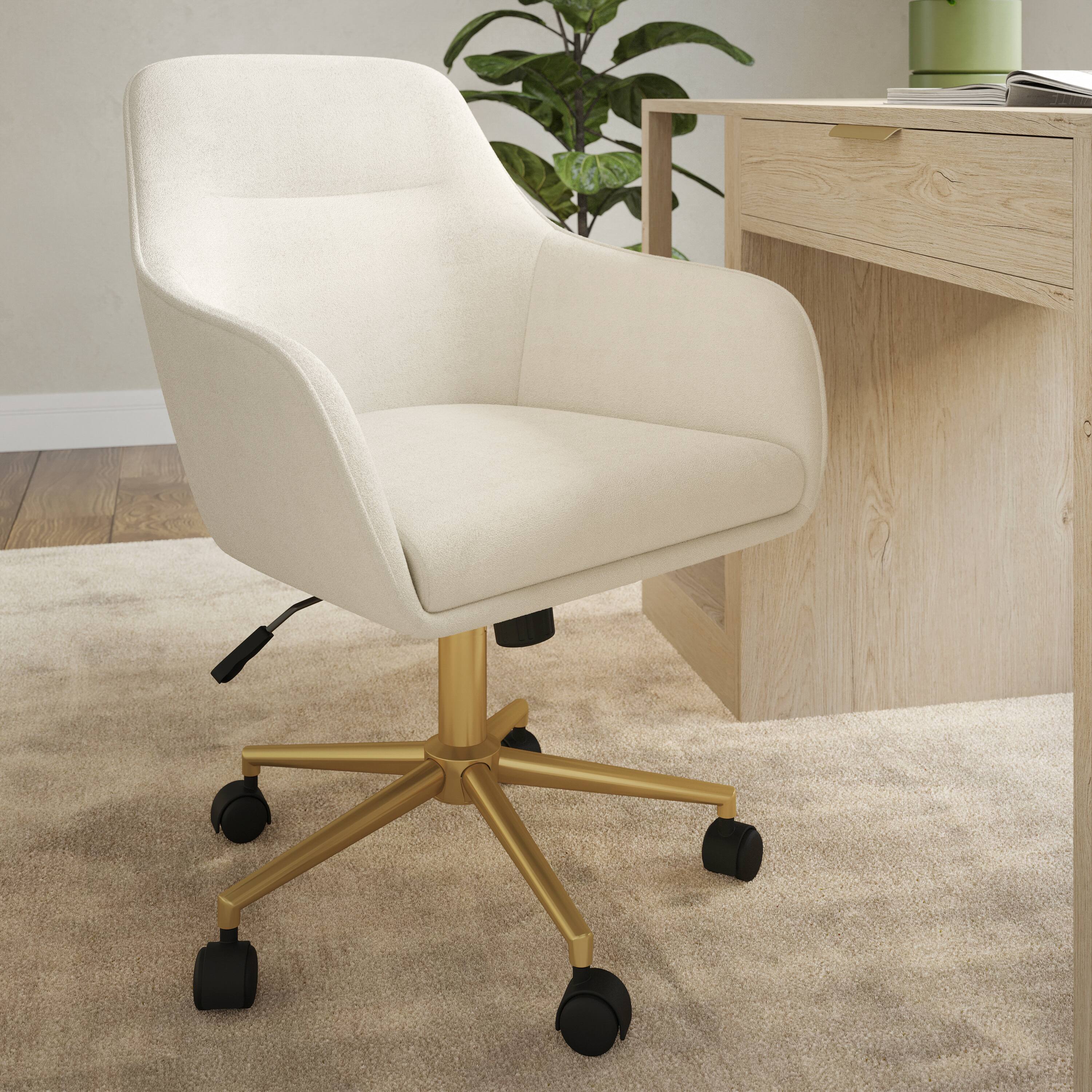 Alt View 4. Martha Stewart - Rayna Upholstered Swivel Home Office Chair with Flared Arms - Off White Fabric/Polished Brass Frame.