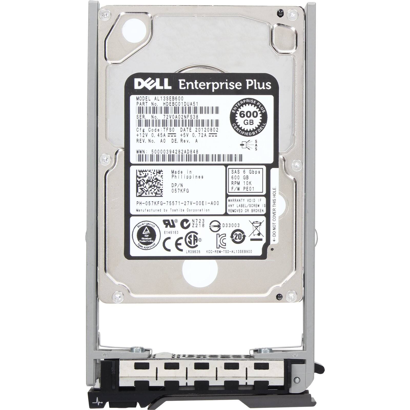 DELL Enterprise Plus  
MODEL AL13SEB600  
PART No. HDEBC01DUA51  
SER No. 72V0A02NFS38  
Cf# Code: TFSO  
DATE 20120802  
REV. No. AO DE Rev. A  
WWN: 50000394282AD848  
Made in Philippines  
600 GB DP/N 057KFG  
F/W PE01  
WARRANTY VOID IF REMOVED OR BROKEN  
Manufactured by Toshiba Corporation  
PH-057KFG-75571-27V-0OEI-A00  
ANT LABEL/SCREW  
N723 M LR 2218 D33003 8145163  
CE SP IG Riond  
NCC-REM-T50-ALT3588900  
HOLE THIS COVER NOT DO