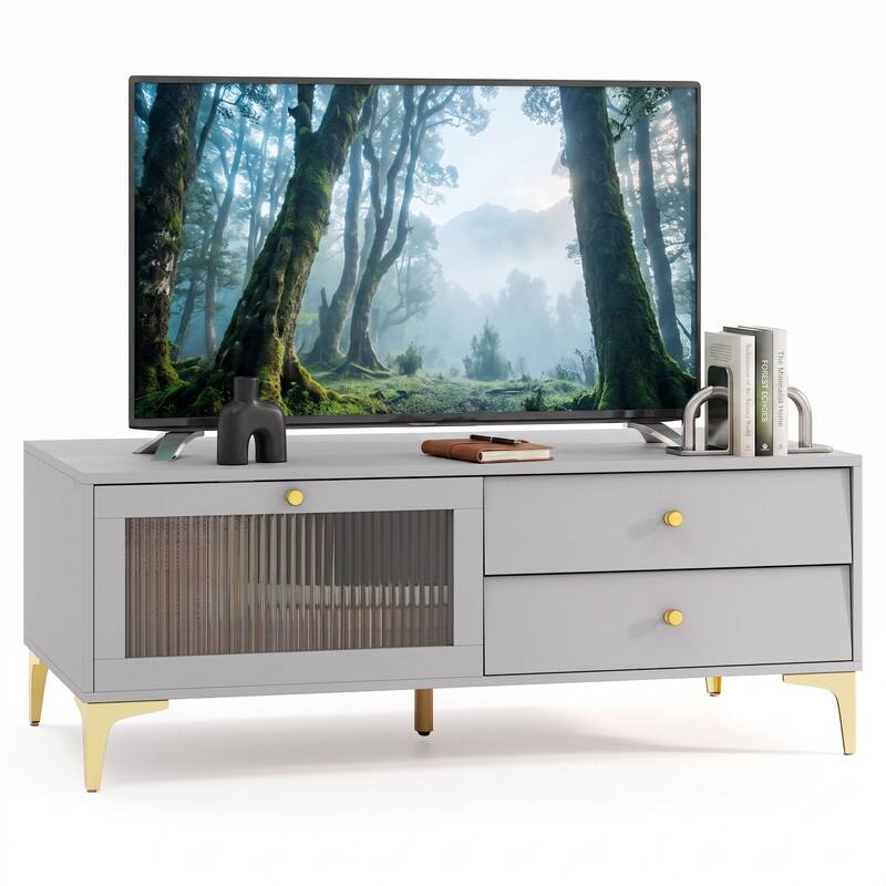 Left. WELLFOR - Modern TV Stand for 55 Inch TV,  Entertainment Center with Door and Drawers,  Media Console Cabinet with Gold Legs - Gray.