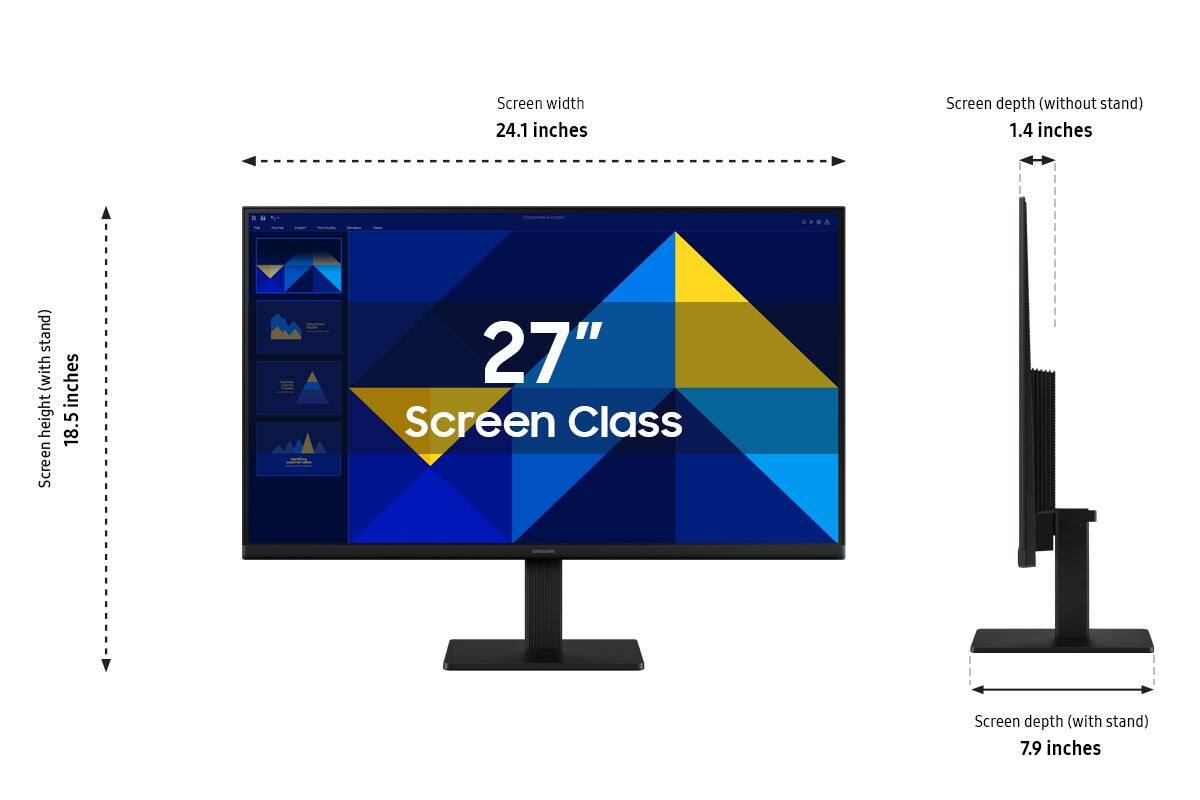 Screen width 27 inches, Screen depth (without stand) 1.4 inches, Screen depth (with stand) 7.9 inches, Screen height 18.5 inches, Screen Class 27".