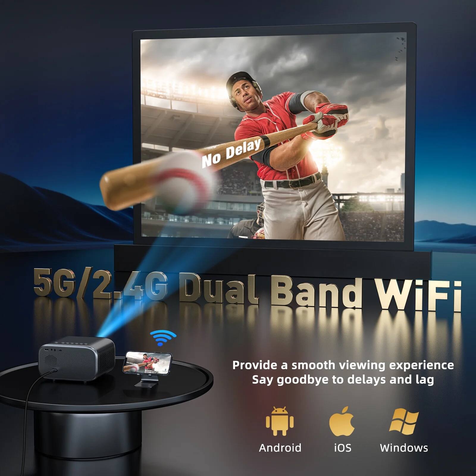 No Delay  
5G/2.4G Dual Band WiFi  

Provide a smooth viewing experience  
Say goodbye to delays and lag  

Android iOS Windows