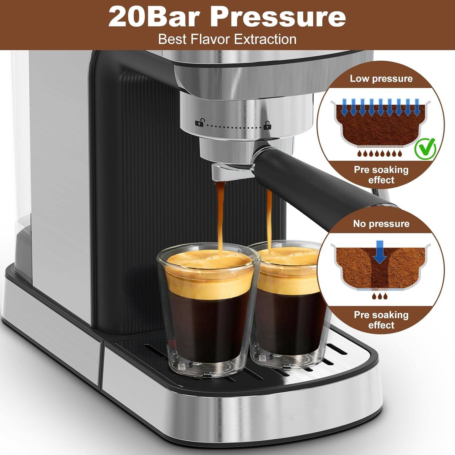 20Bar Pressure, Best Flavor Extraction, Low pressure, Pre soaking effect, No pressure, Pre soaking effect