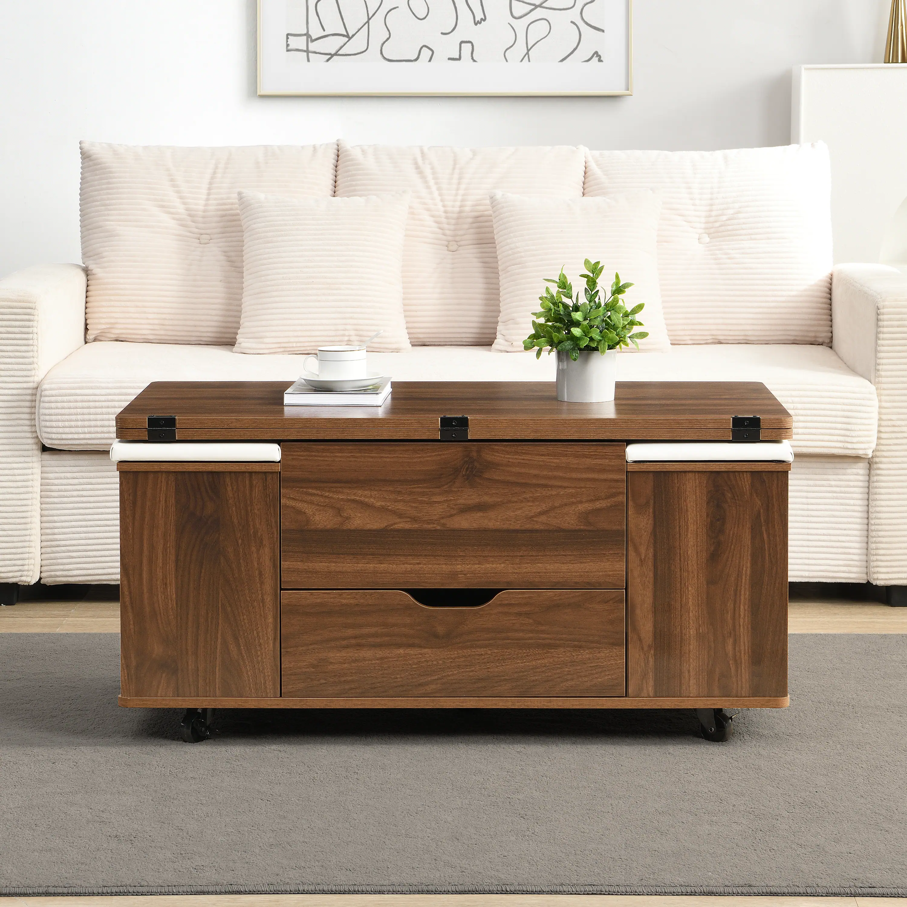 Alt View 9. Ecooso - Coffee Table Multi-Functional Lift-Top with Hidden Storage and 4 Stools, Modern Center Table for Living Room - Walnut,White.