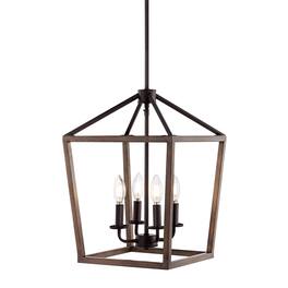 Jonathan Y - Oria 13" 4-Light Iron Farmhouse Industrial Lantern LED Pendant, Oil Rubbed Bronze/Faux Wood - Oil-Rubbed Bronze