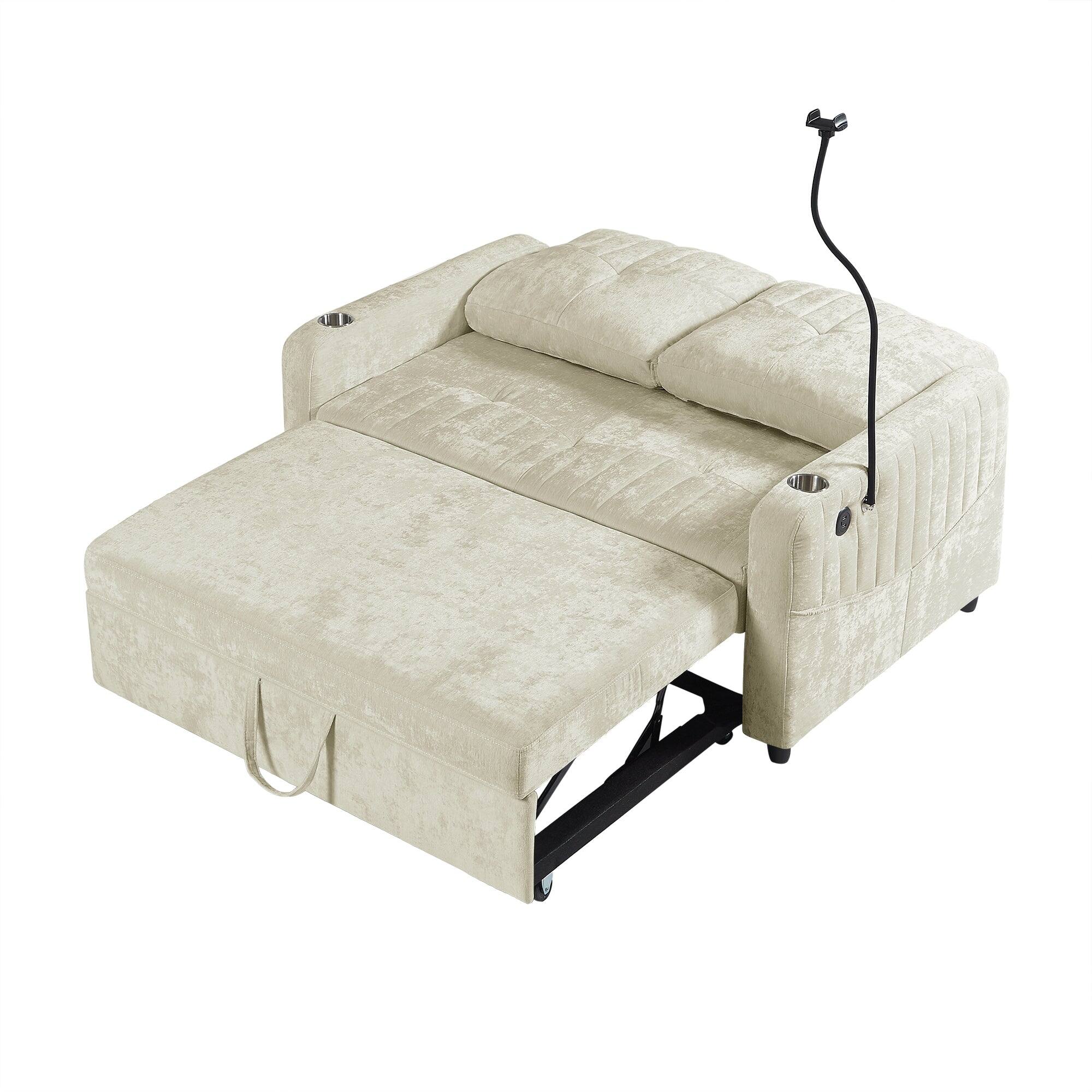 Alt View 1. Boyel Living - Multi-Functional 54 Inch Loveseat Sofa Bed with Adjustable Backrest, Charging Ports, and Cup Holders in Beige - Beige.