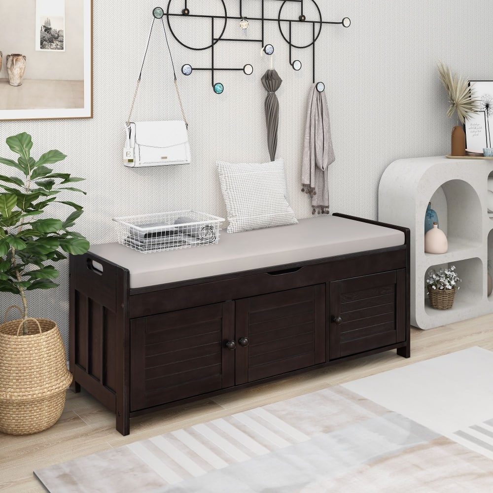 Ropilly - Wooden Entryway Storage Bench with Cushion - Espresso