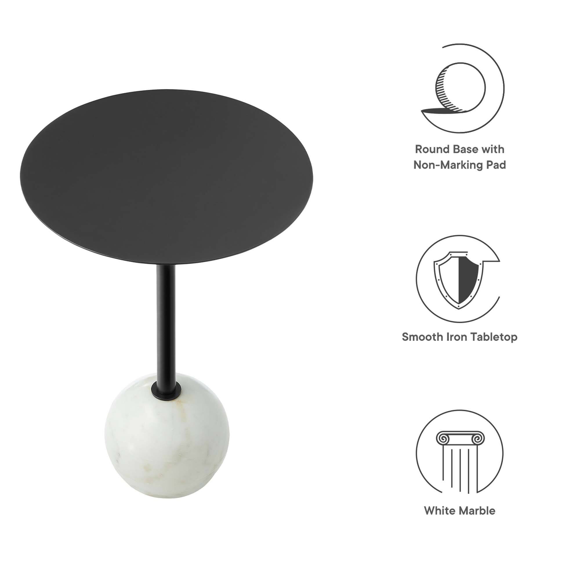 - Round Base with Non-Marking Pad
- Smooth Iron Tabletop
- White Marble