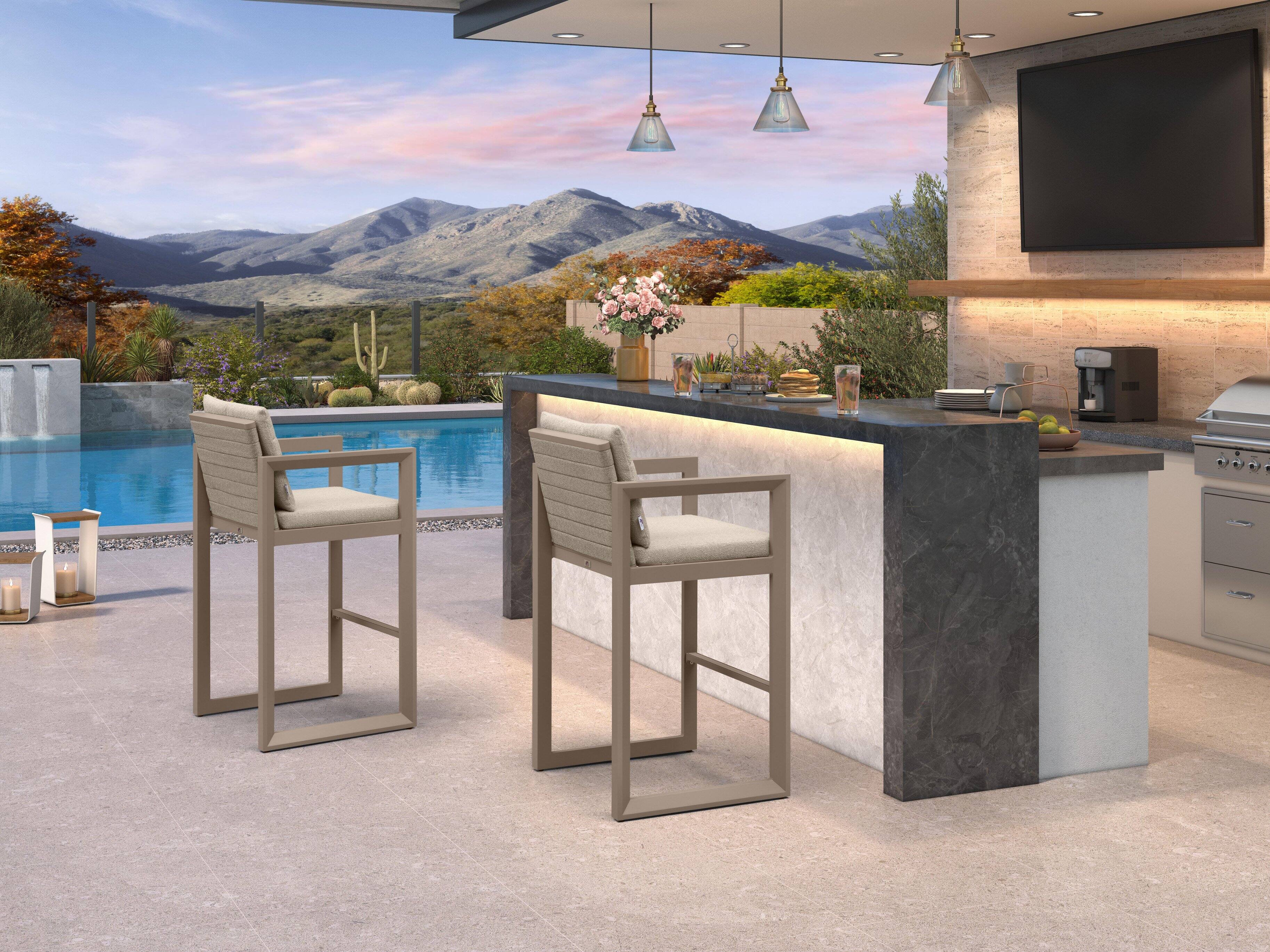 Alt View 1. PURPLE LEAF - Outdoor Caesar Bar Stools Set of 2 Modern Aluminum Barstools with Stainless Removable Cushion for Kitchen Outside Island - Khaki-Bar Stool.