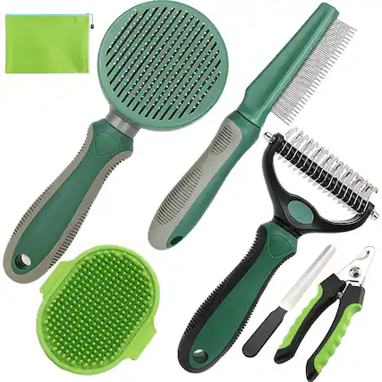 Front. THIRSTY TURTLE - Pet Grooming Kit, 7-Piece Deshedding Brush Set with Undercoat Rake, Slicker Brush, Bath Brush & Nail Clipper.