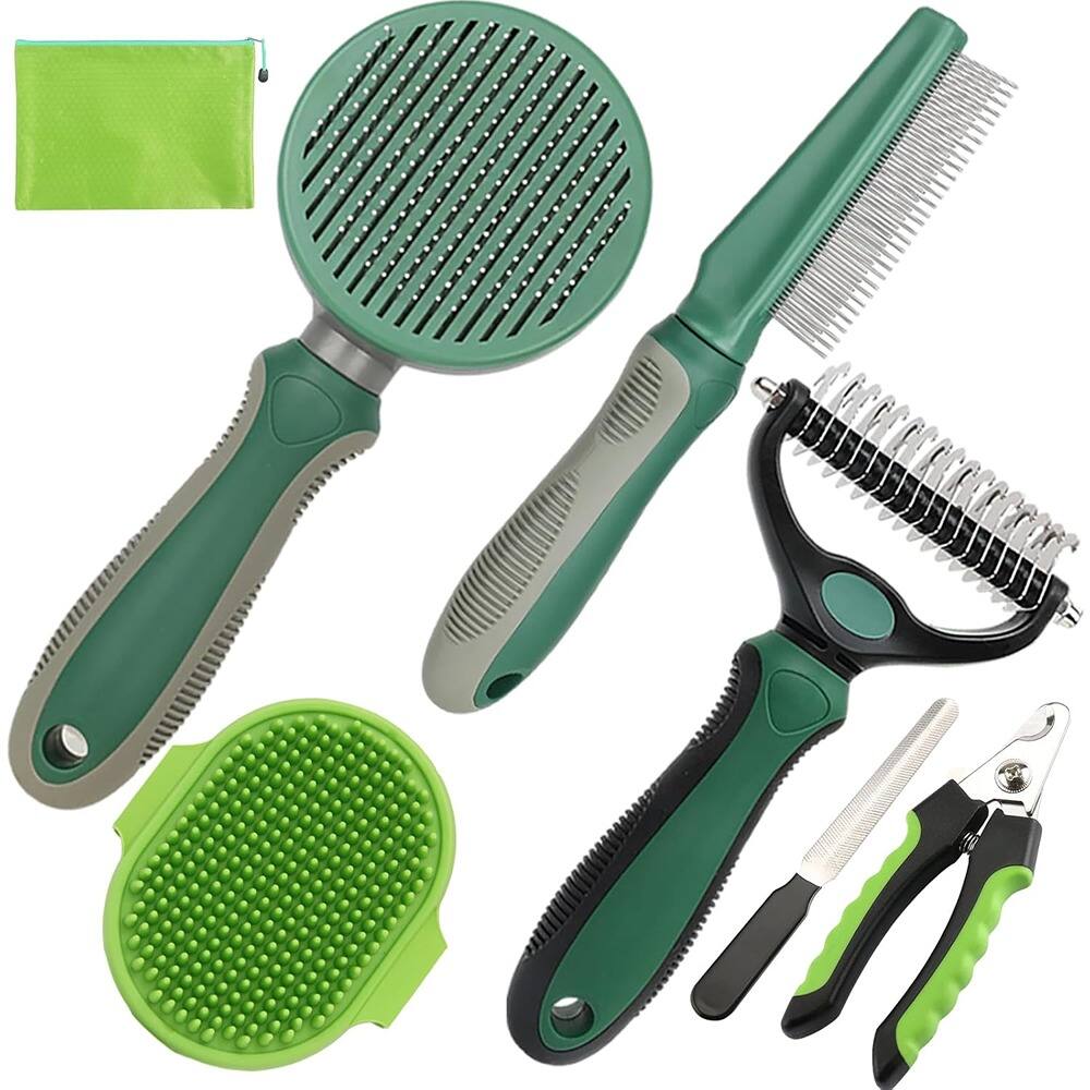 Front. THIRSTY TURTLE - Pet Grooming Kit, 7-Piece Deshedding Brush Set with Undercoat Rake, Slicker Brush, Bath Brush & Nail Clipper.