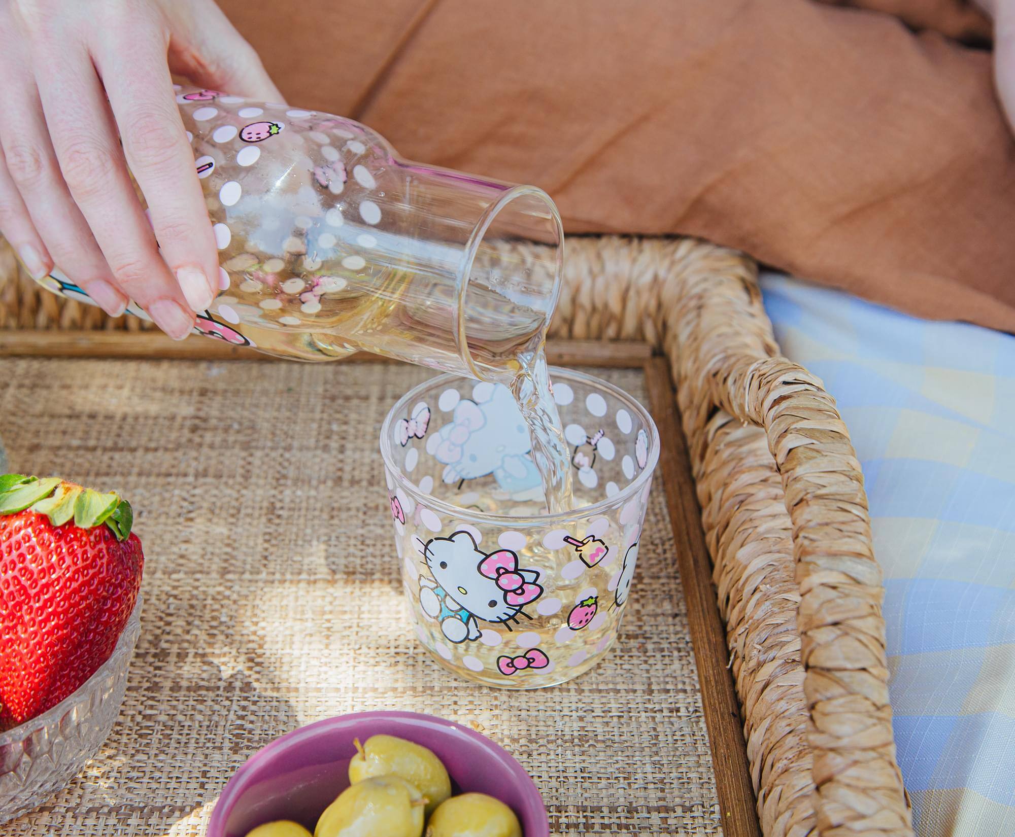 Alt View 5. Silver Buffalo - Sanrio Hello Kitty Pink Dots 18-Ounce Glass Pitcher and 8-Ounce Cup - Clear.