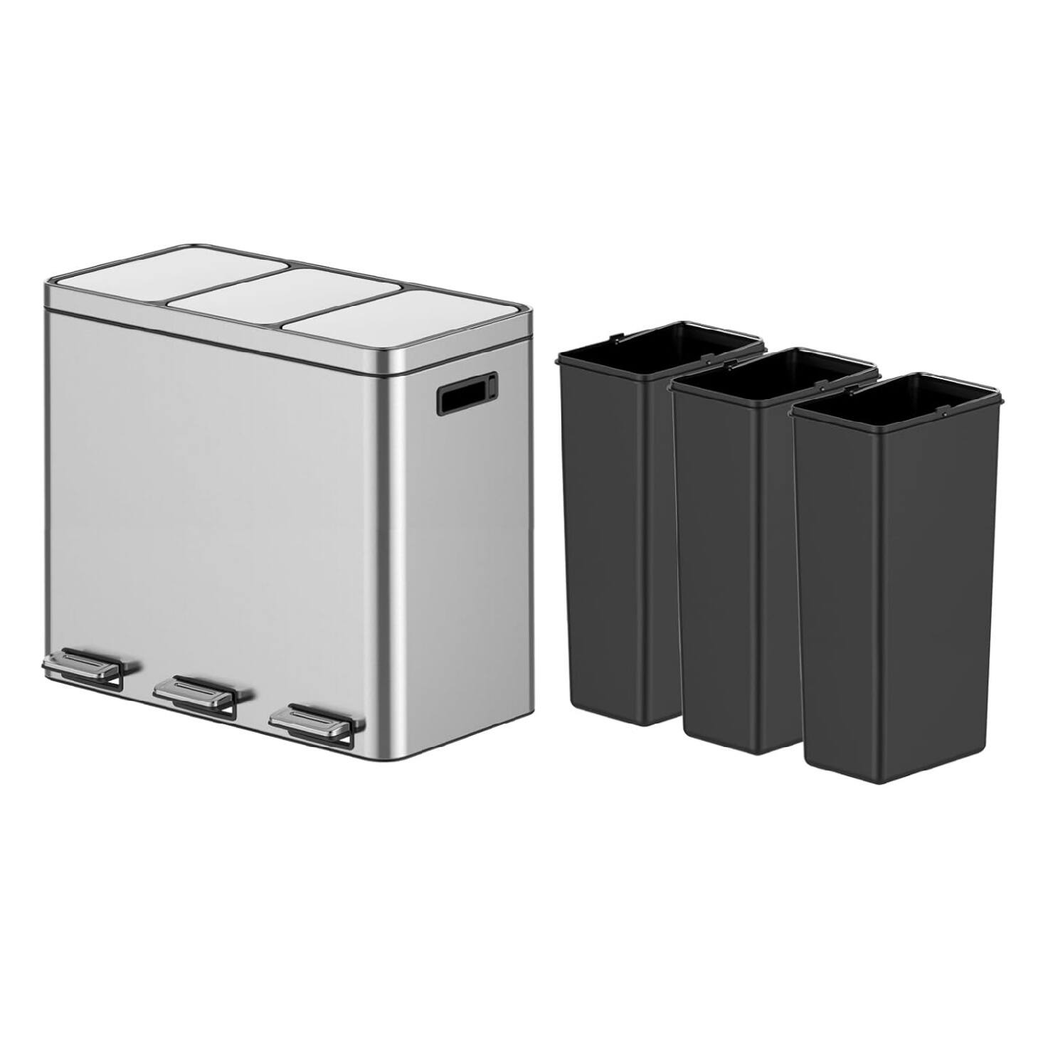 Alt View 4. GARVEE - Three Compartment Trash Can - 60L/16 Gal Stainless Steel Kitchen Trash Can - Silver.