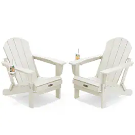SERWALL - Folding Adirondack Chair Set of 2, All Weather Patio Chair with Wood Texture, Fire Pit Chairs for Outdoor - White