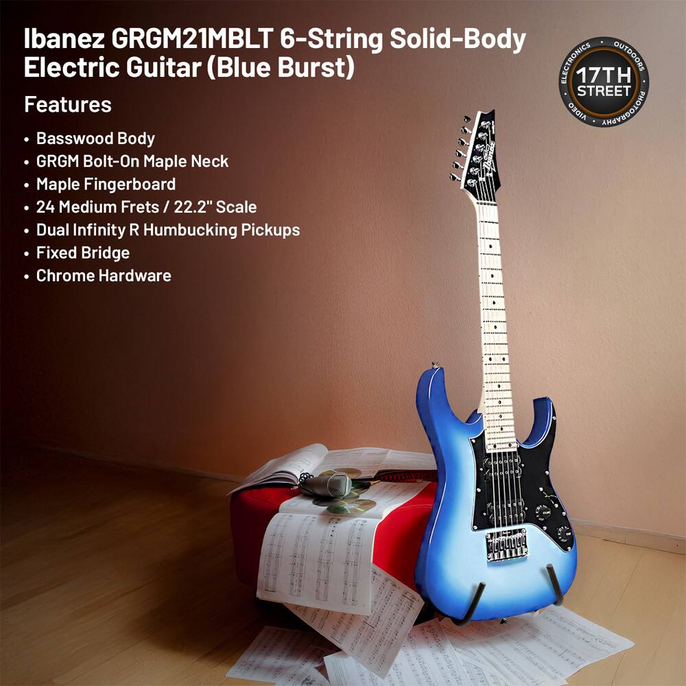 Ibanez GRGM21MBLT 6-String Solid-Body Electric Guitar (Blue Burst)

Features:
- Basswood Body
- GRGM Bolt-On Maple Neck
- Maple Fingerboard
- 24 Medium Frets / 22.2" Scale
- Dual Infinity R Humbucking Pickups
- Fixed Bridge
- Chrome Hardware