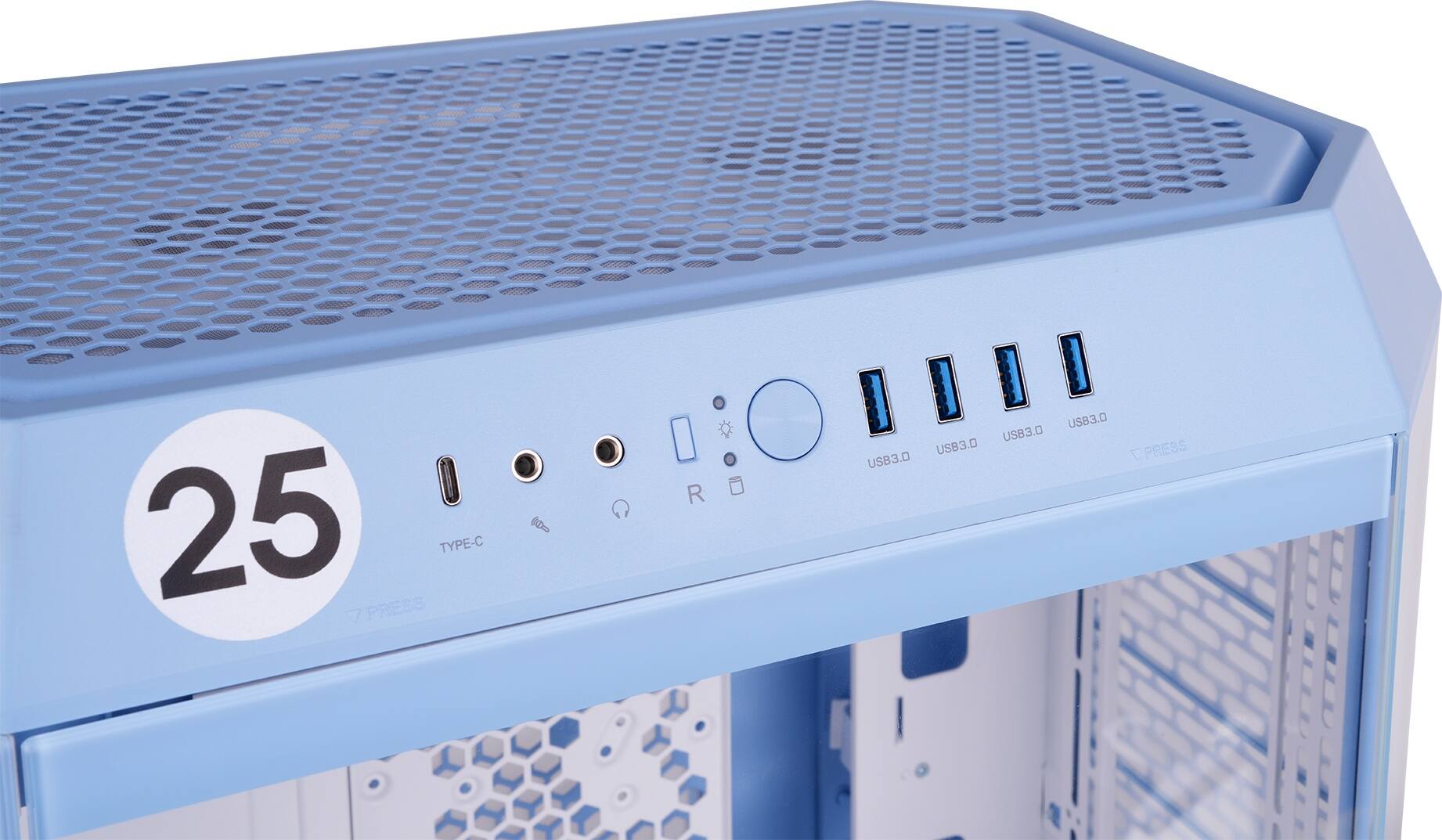 The text on the image reads: "25 TYPE-C PRESS R USB3.0 USB3.0 USB3.0 USB3.0 1 PRESS." This text is describing the features of the computer tower, which includes a USB3.0 port and a Type-C port. The "25" could be referring to the number of ports available or the model number of the computer tower. The "1 PRESS" could be a reference to a specific button or function on the computer tower.