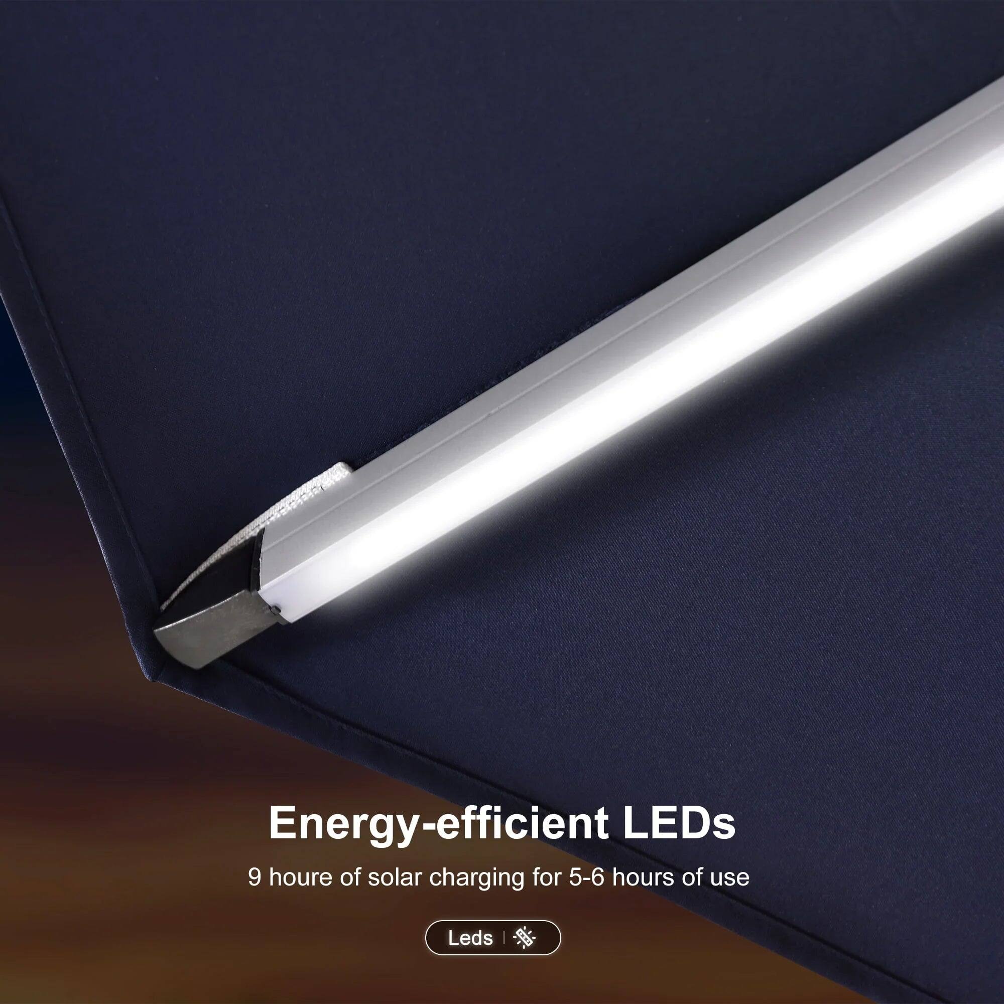 Energy-efficient LEDs  
9 hours of solar charging for 5-6 hours of use  
Leds