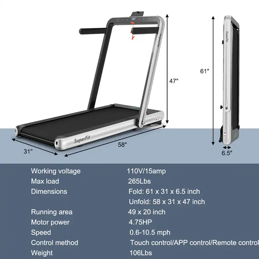Running Machine Dims Gymax 2 in 1 Folding Treadmill 4.75HP Running Machine w/ APP & Remote ...