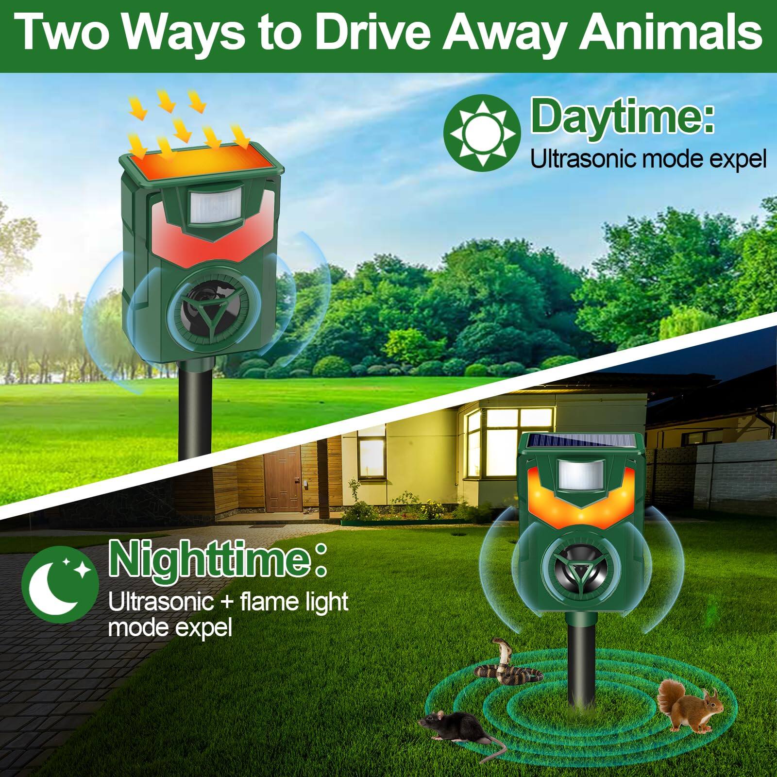 Two Ways to Drive Away Animals

Daytime: Ultrasonic mode expel

Nighttime: Ultrasonic + flame light mode expel