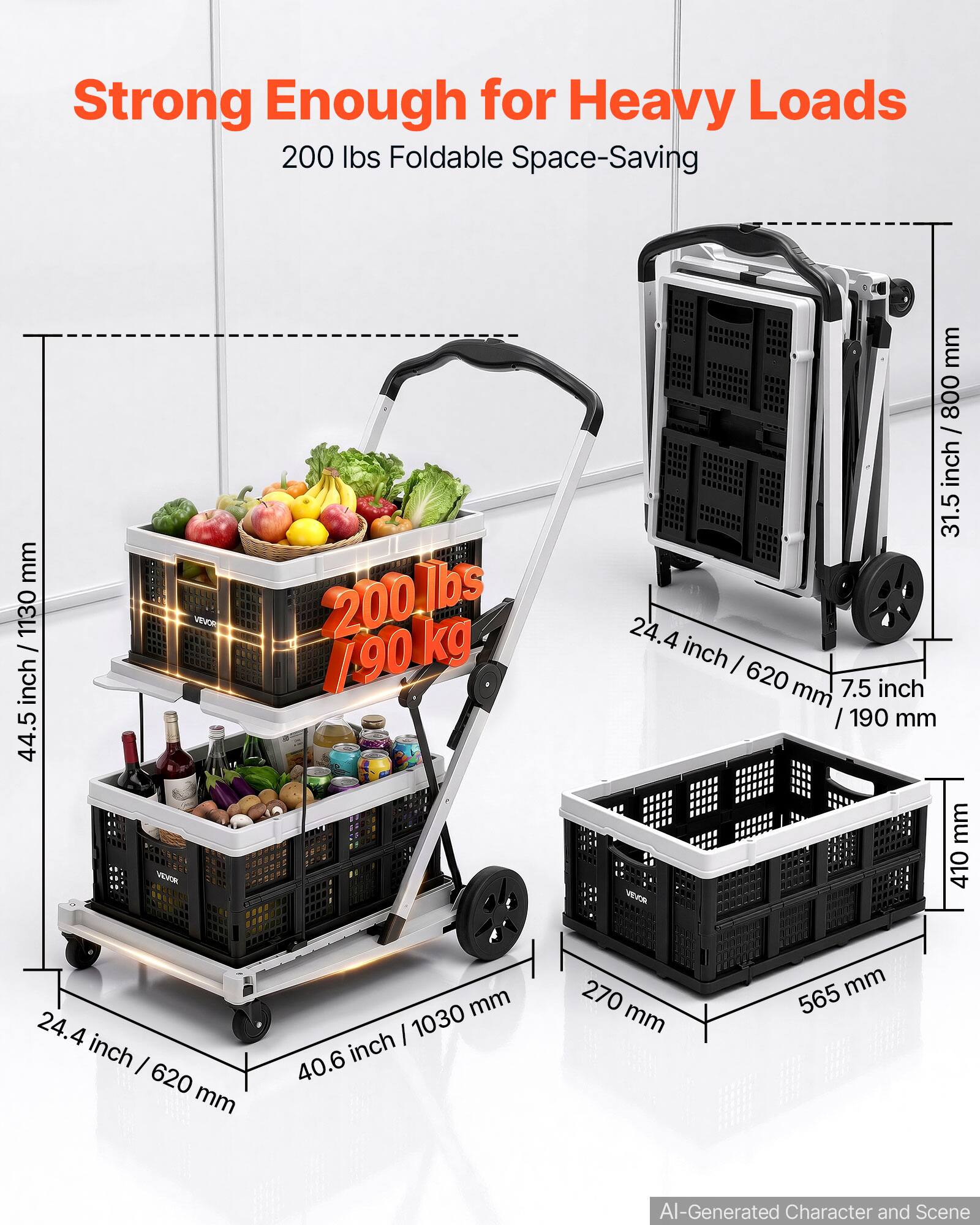 Strong Enough for Heavy Loads  
200 lbs Foldable Space-Saving  
200 lbs / 90 kg  
44.5 inch / 1130 mm  
31.5 inch / 800 mm  
24.4 inch / 620 mm  
7.5 inch / 190 mm  
40.6 inch / 1030 mm  
270 mm  
565 mm  
AI-Generated Character and Scene