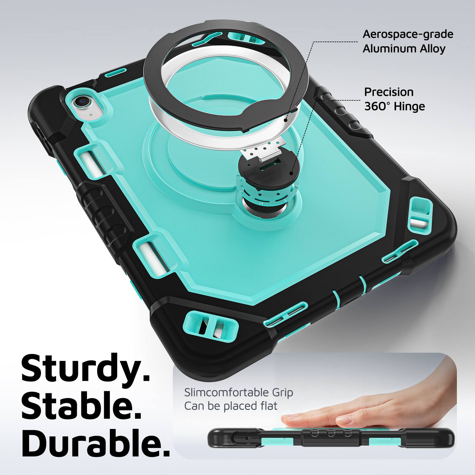 Aerospace-grade Aluminum Alloy Precision 360° Hinge. Sturdy. Slimcomfortable Grip. Stable. Can be placed flat. Durable.