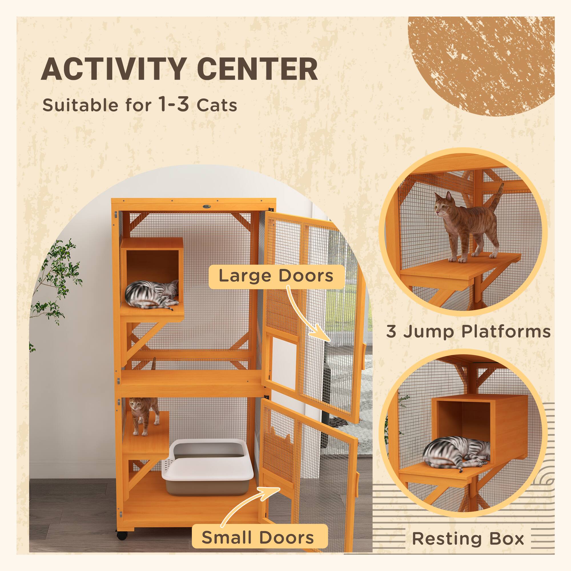 ACTIVITY CENTER  
Suitable for 1-3 Cats  

Large Doors  
Small Doors  
3 Jump Platforms  
Resting Box
