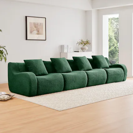 Front. LOVMOR - No Assembly Compressed Pack Anti Slip 4 Seat Teddy Couch Curved Armrests For Study Den Cozy Soft Lounge Indoor - Green.