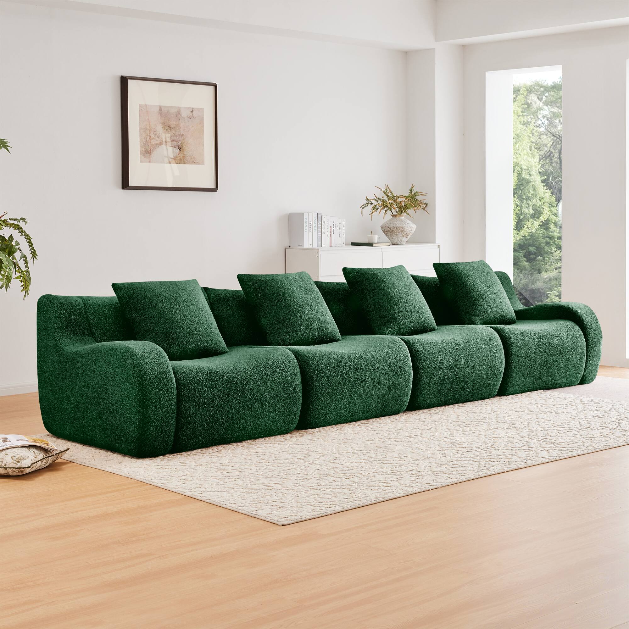 Front. LOVMOR - No Assembly Compressed Pack Anti Slip 4 Seat Teddy Couch Curved Armrests For Study Den Cozy Soft Lounge Indoor - Green.