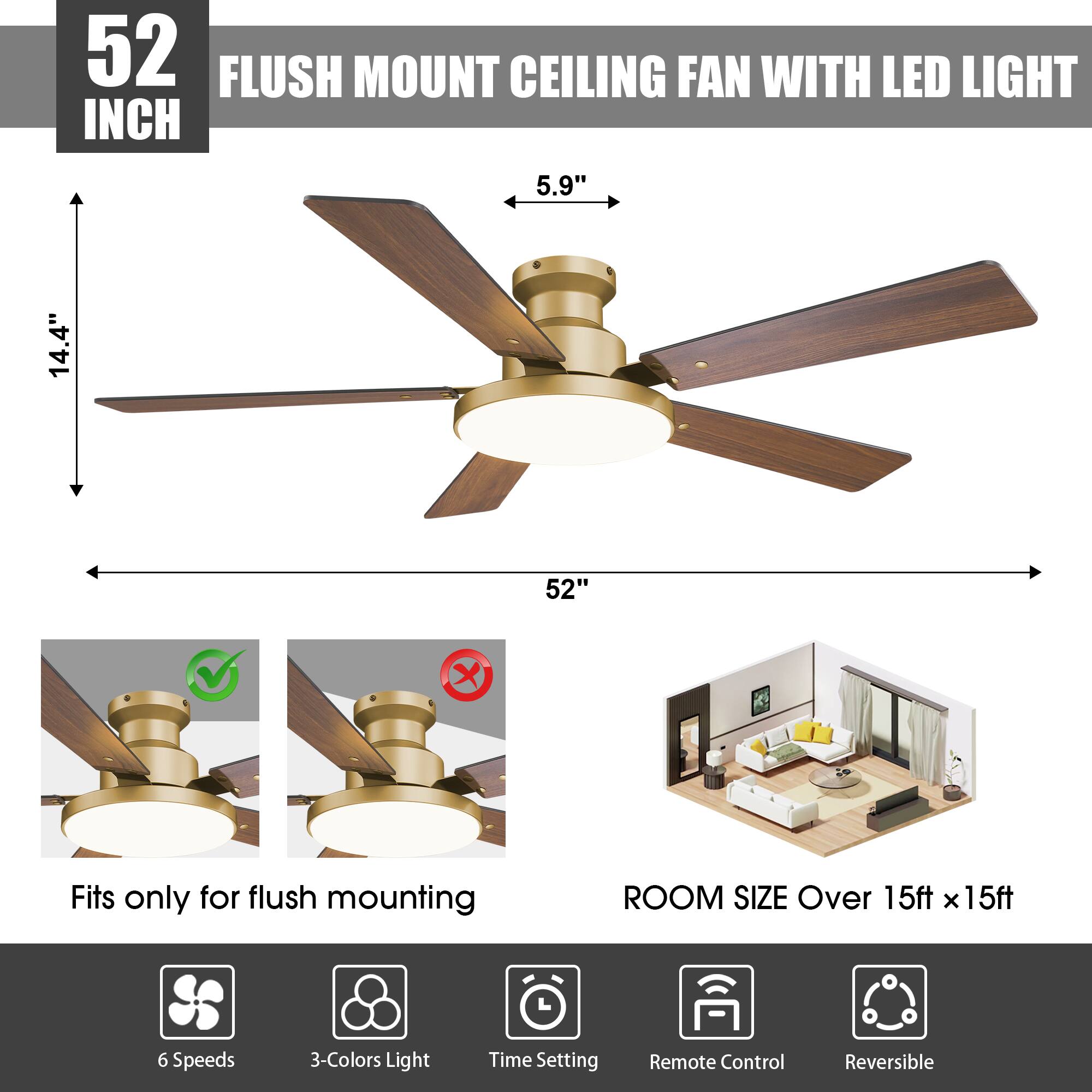 52 INCH FLUSH MOUNT CEILING FAN WITH LED LIGHT  
5.9" 14.4" 52"  
Fits only for flush mounting  
ROOM SIZE Over 15ft x 15ft  
6 Speeds  
3-Colors Light  
Time Setting  
Remote Control  
Reversible