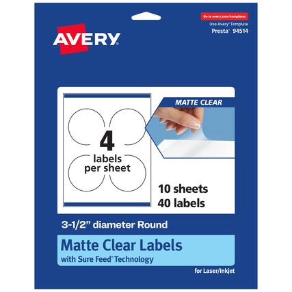Go to avery.com/templates
Use Avery Template Presta 94514
MATTE CLEAR
4 labels per sheet
10 sheets 40 labels
3-1/2" diameter Round Matte Clear Labels with Sure Feed Technology for Laser/Inkjet