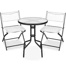 Best Choice Products - 3-Piece Patio Bistro Dining Furniture Set w/ Glass Tabletop, Folding Chairs - White
