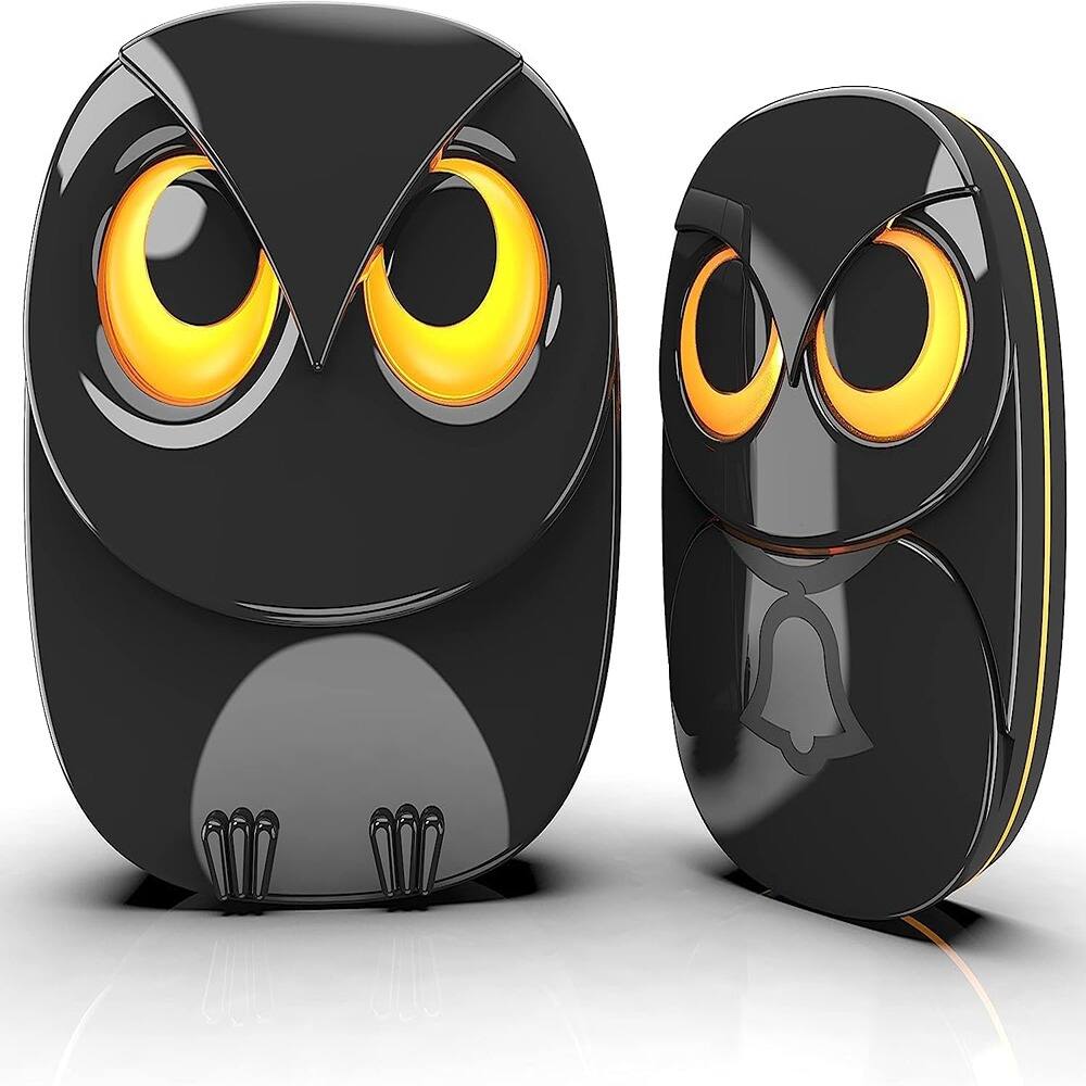 Front. Schertz - Weatherproof IP55 outdoor push-button wireless doorbell with adorable owl - Black.