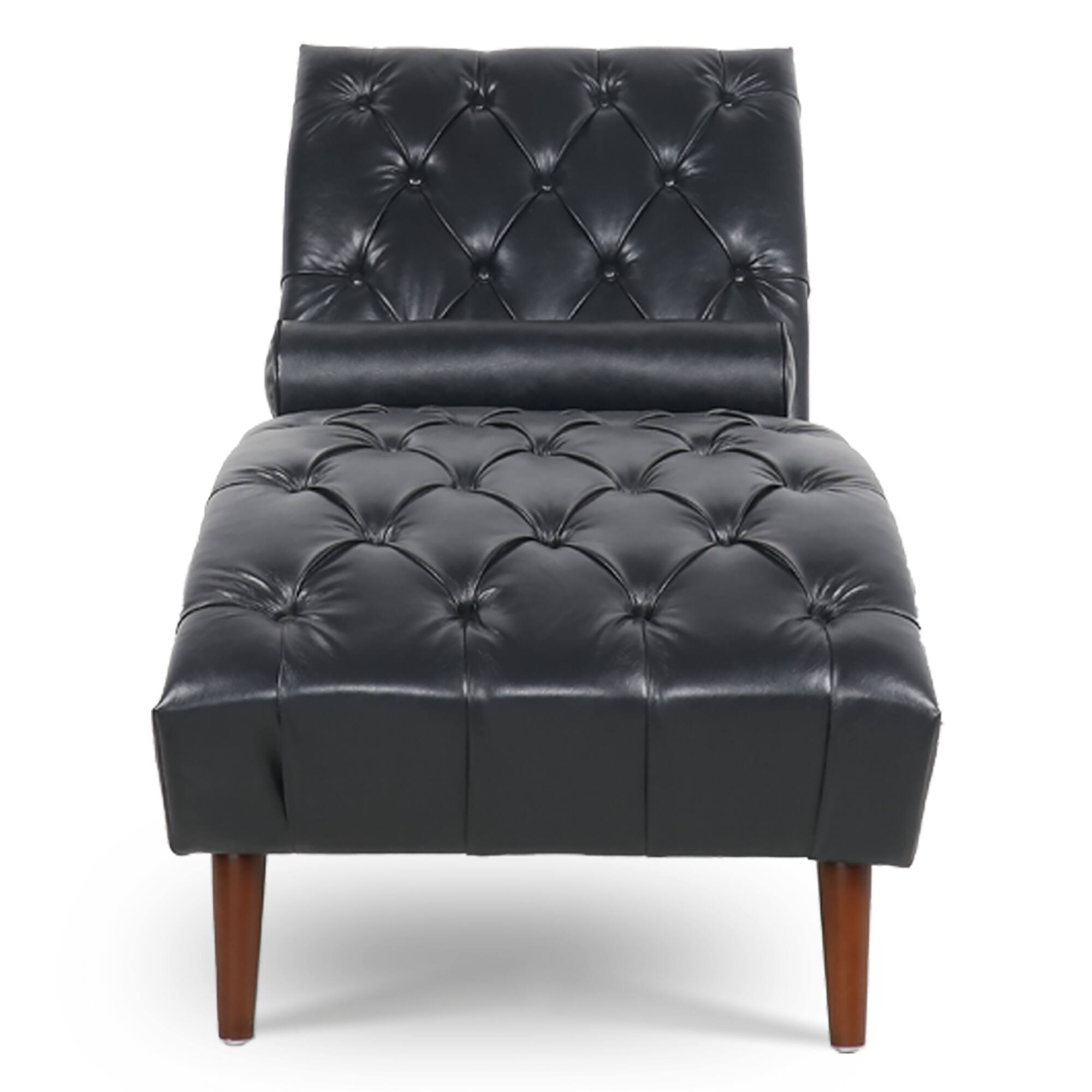 Left. Boyel Living - Mid-Century Modern Faux Leather Tufted Chaise Lounge with Pillow - Black.