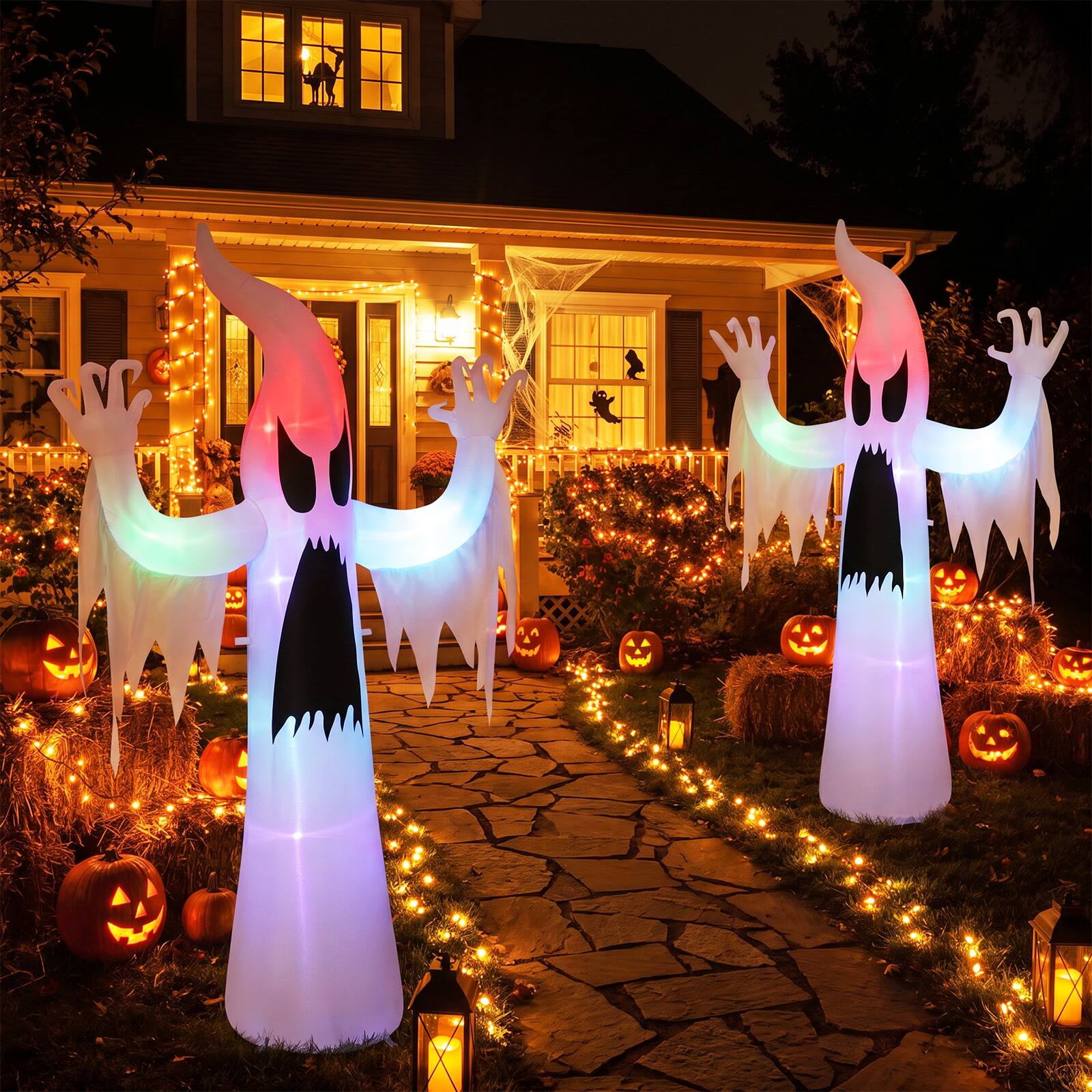 Alt View 4. Costway - Costway 7.7 FT Tall Halloween Inflatables Ghost Outdoor Decoration with RGB LED Lights - White.