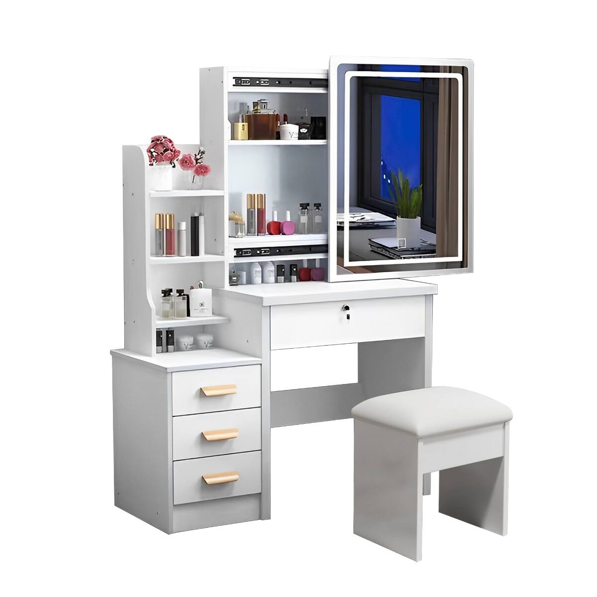 Angle. Loheer - Loheer White Makeup Vanity Desk with Chair, Large Lighted Makeup Vanity Mirror, Four Drawers - White.