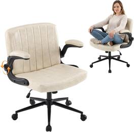 Winado - PU Leather Criss Cross Legged Chair with Adjustable Flip-Up Arms, Wheels for Home Office Desk Chair, Vanity, Bedroom - Ivory White