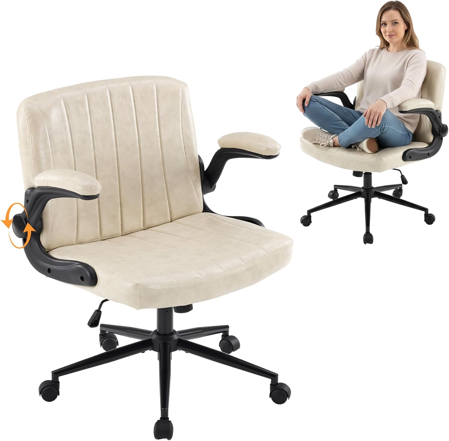 Front. Winado - PU Leather Criss Cross Legged Chair with Adjustable Flip-Up Arms, Wheels for Home Office Desk Chair, Vanity, Bedroom - Ivory White.