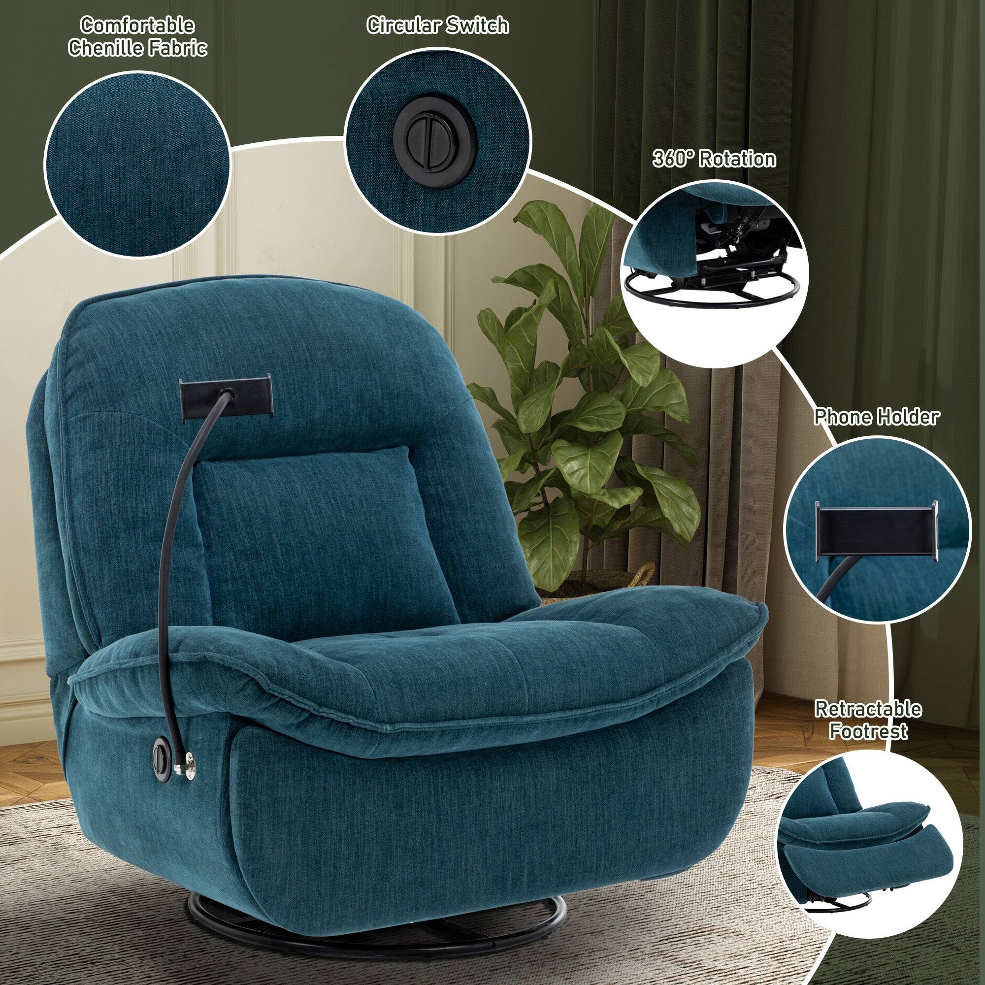 - Comfortable Chenille Fabric
- Circular Switch
- 360° Rotation
- Phone Holder
- Retractable Footrest