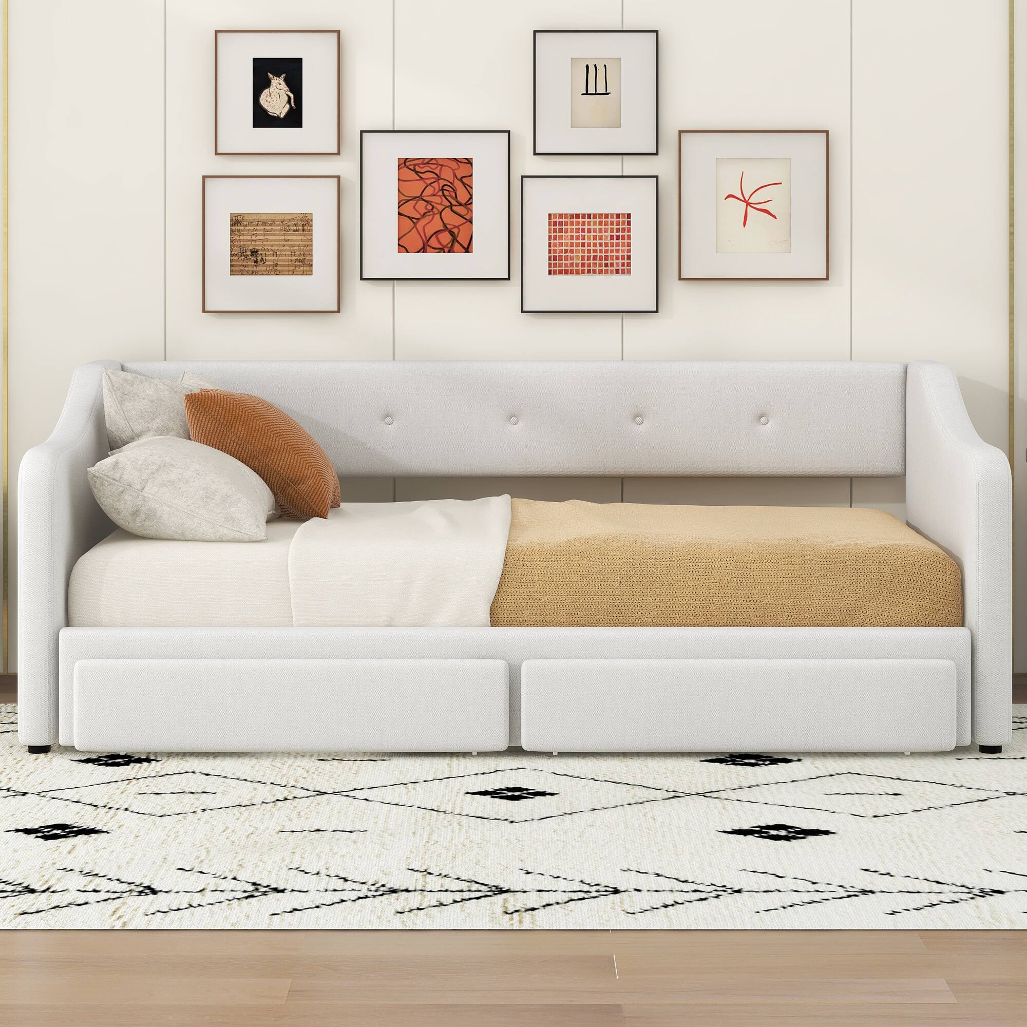 Angle. Whisen - Expandable Daybed from Twin XL to King, Upholstered Bed Frame with Storage Drawers for Bedroom & Guest Room - Beige.