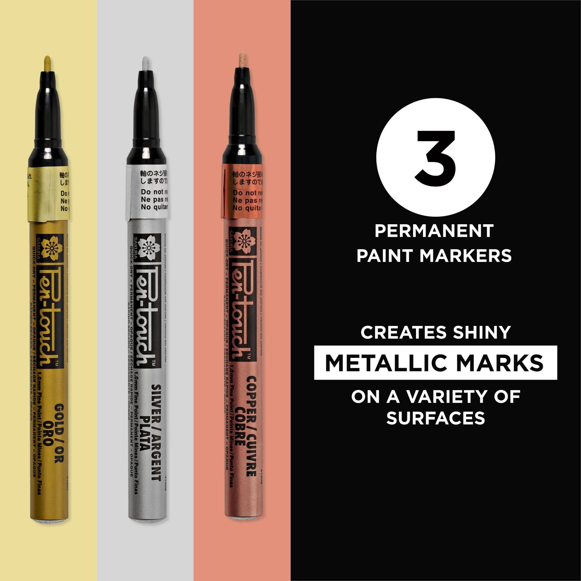 Do not remove the cap.  
Do not remove the cap.  
Do not remove the cap.  

3 PERMANENT PAINT MARKERS  
CREATES SHINY METALLIC MARKS ON A VARIETY OF SURFACES