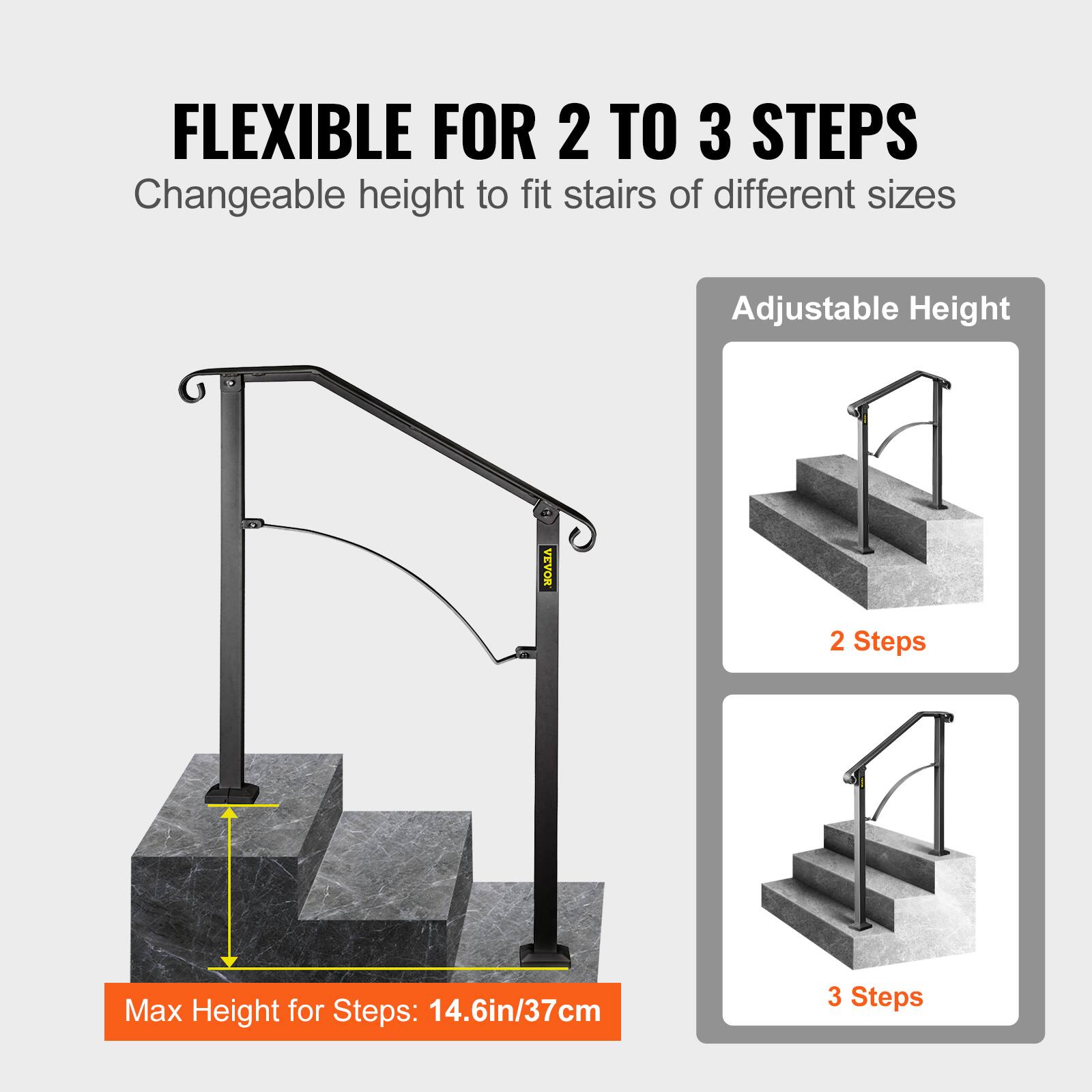 FLEXIBLE FOR 2 TO 3 STEPS, Changeable height to fit stairs of different sizes, Adjustable Height, 2 Steps, 3 Steps, Max Height for Steps: 14.6in/37cm