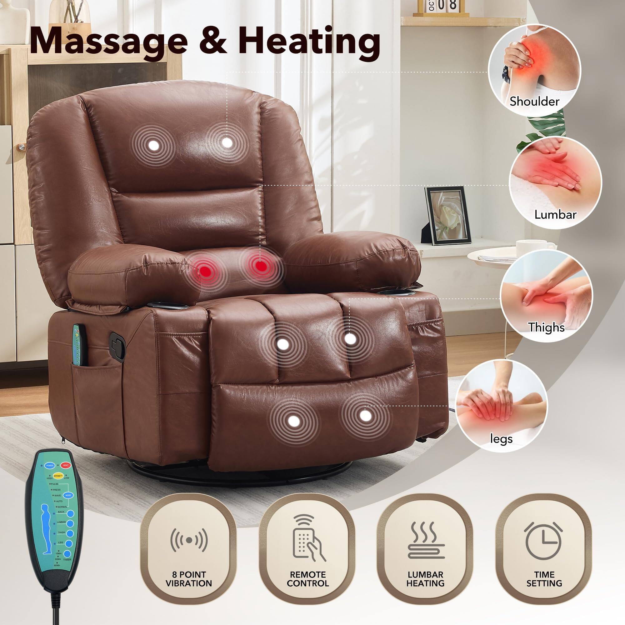 Massage & Heating

Shoulder
Lumbar
Thighs
legs

8 POINT VIBRATION
REMOTE CONTROL
LUMBAR HEATING
TIME SETTING